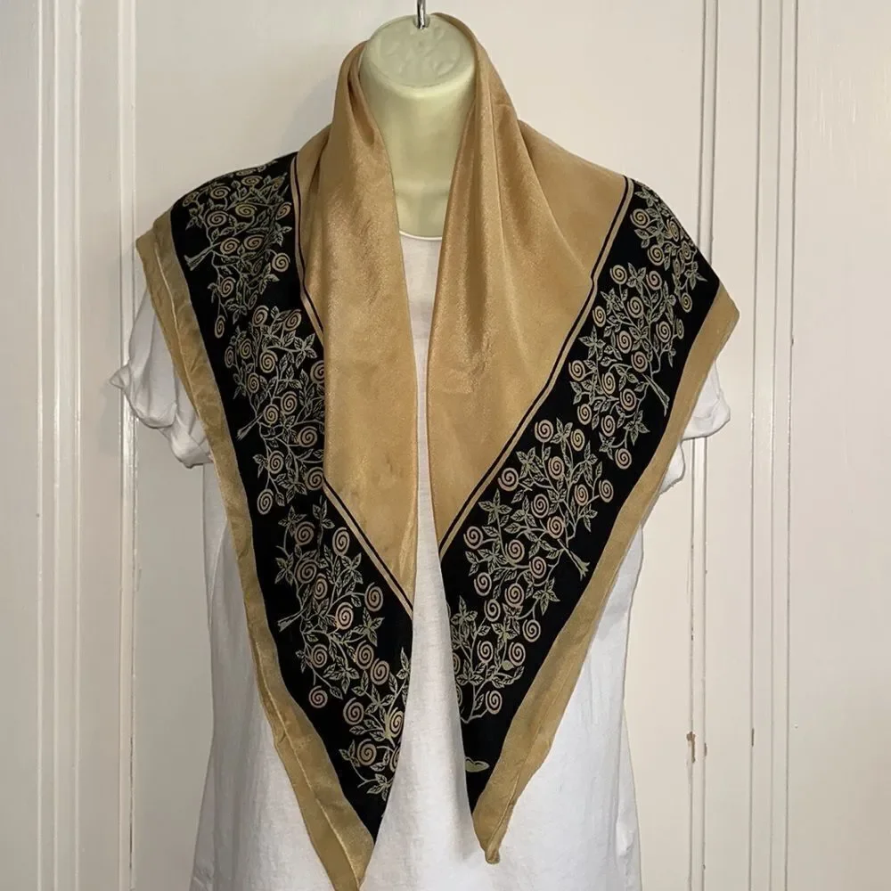 Vtg 50s/60s Cravenette gold,‎ black, green large silk water repellent silk scarf